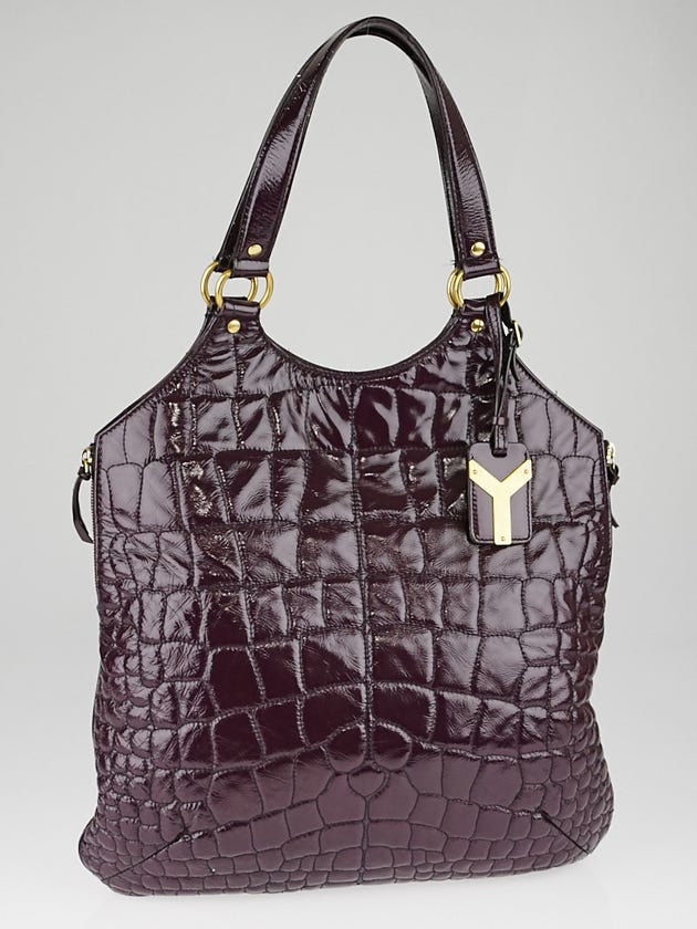 Yves Saint Laurent Purple Croc Embossed Patent Leather Large Tribute Tote Bag