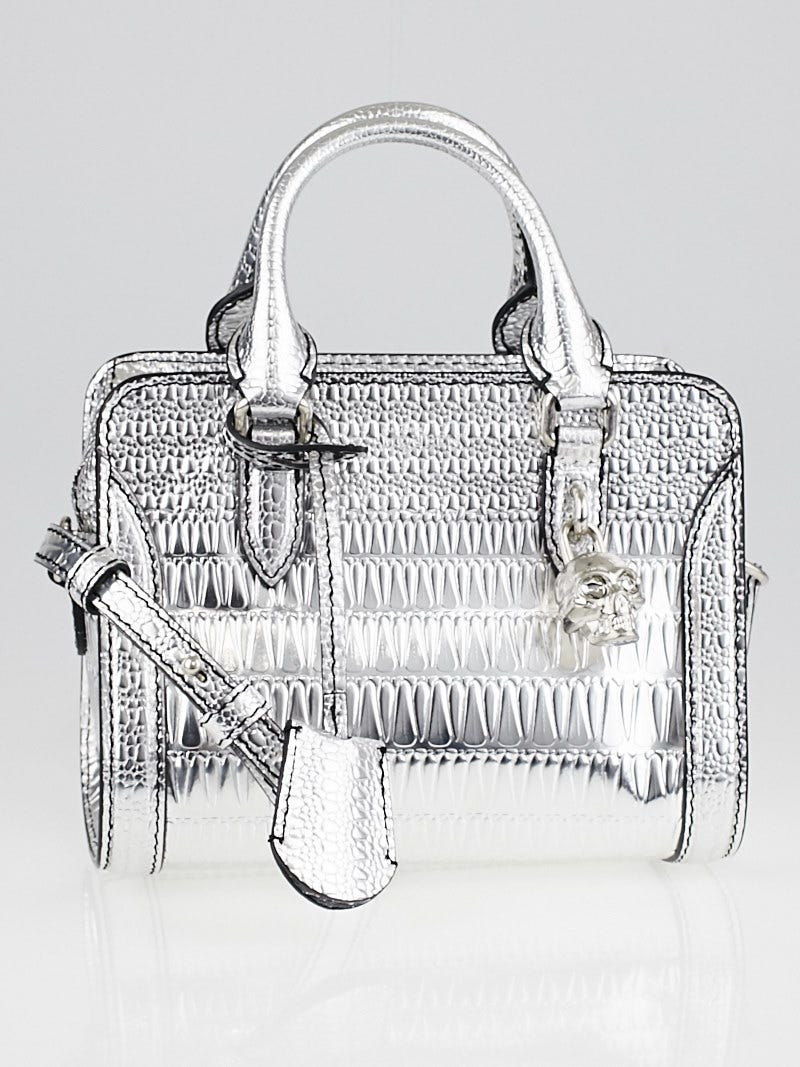 クラシック Silver McQueen Alexander Embossed Padlock Skull Mini Leather バッグ