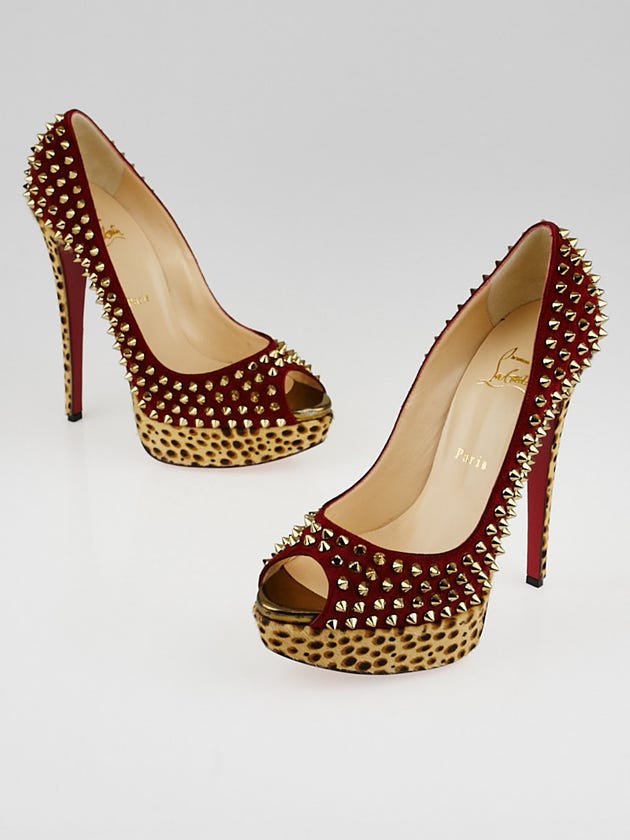 Christian Louboutin Red Suede Leopard Pony Hair Lady Peep Spikes 150 Pumps Size 9/39.5