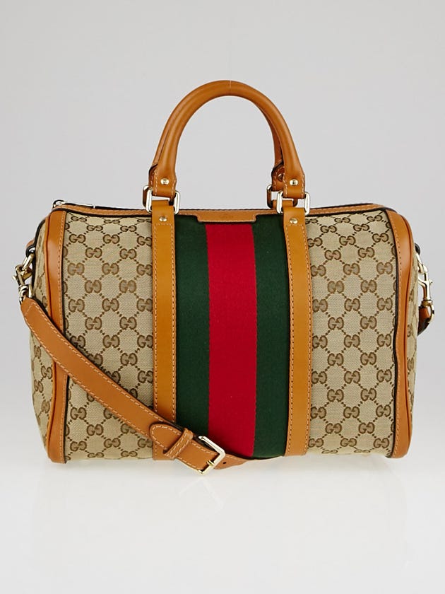 Gucci Beige/Brown GG Canvas Vintage Web Medium Boston Bag w/ Shoulder Strap