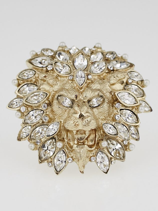 Chanel Goldtone Lion and Crystal Cocktail Ring Size 6