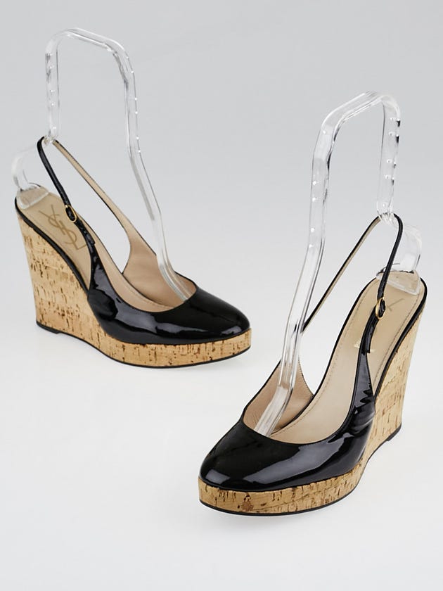 Yves Saint Laurent Black Patent Leather and Cork Lili 100 Slingback Wedges Size 9.5/40