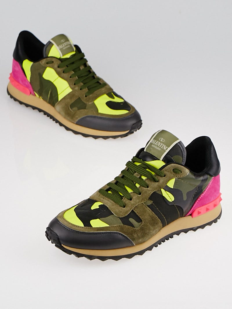Valentino Green Yellow Leather and Suede Rockstud Camo Print