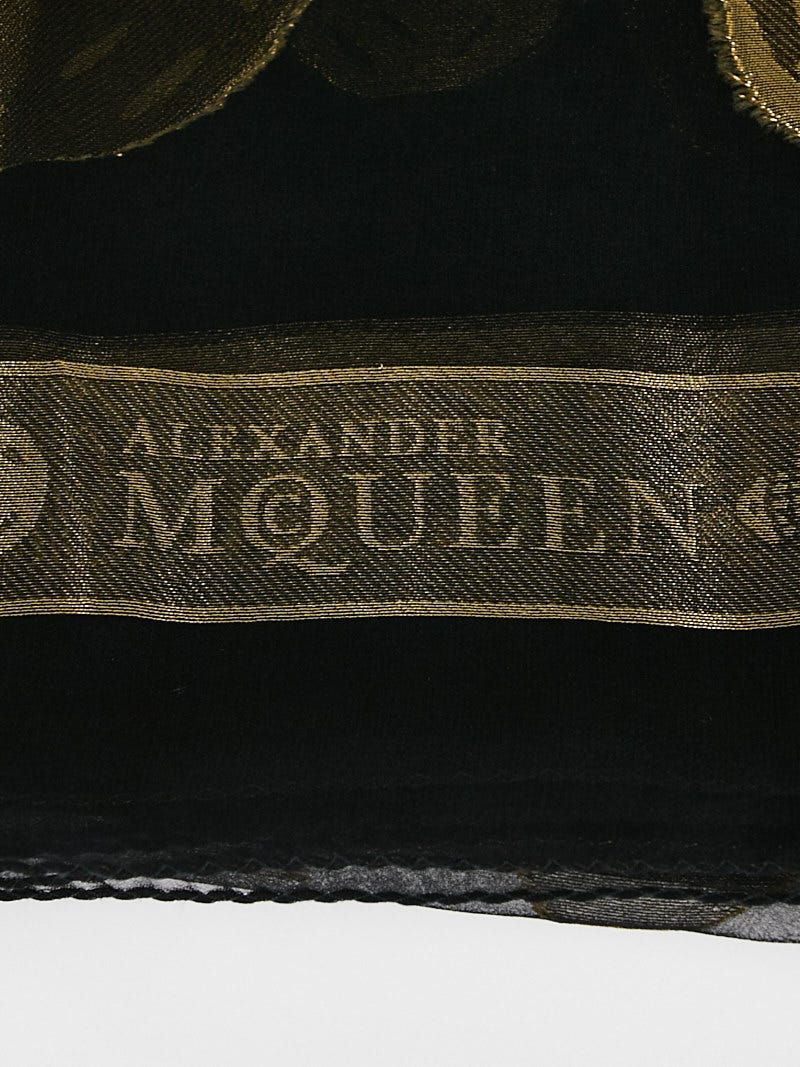 Alexander McQueen Black/Gold Metallic Chiffon Skull Scarf