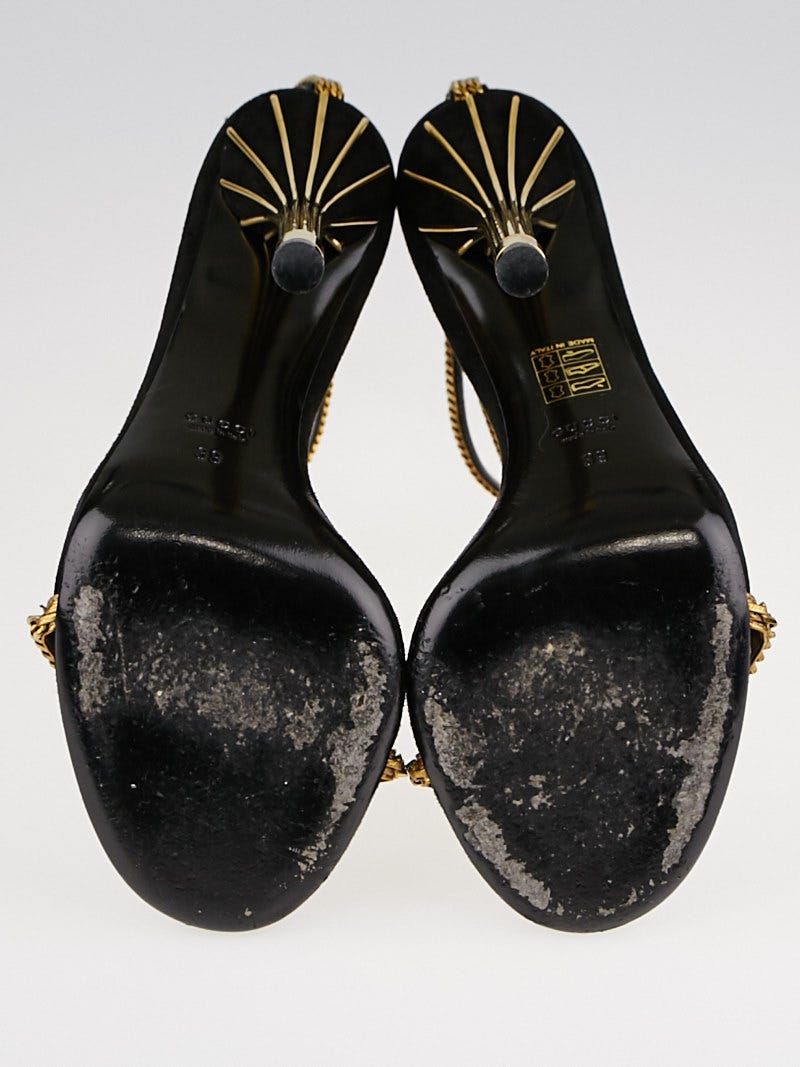 Gucci Black Suede and Goldtone Metal Chain Ophelie T-Strap Sandals Size  8.5/39 | Yoogi's Closet
