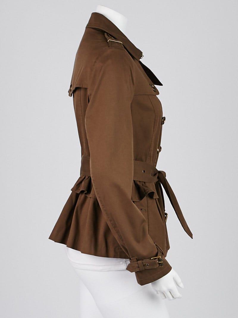 Burberry Brit Army Green Cotton Blend Belted Peplum Trench