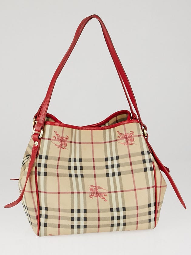 Burberry Red Leather Haymarket Check Coated Canvas Canterbury Tote Bag