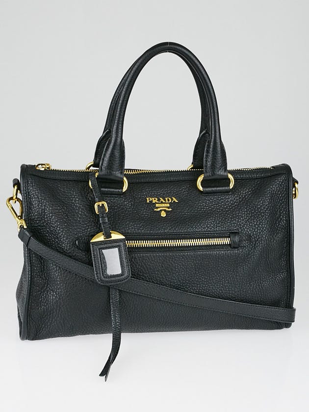 Prada Black Cervo Leather Zip East/West Top Handle Bag BL0639