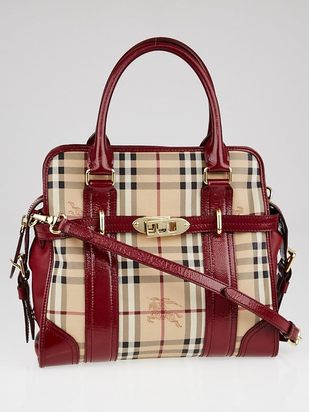 Burberry Red Patent Leather Haymarket Check Coated Canvas Portrait Minford Tote Bag