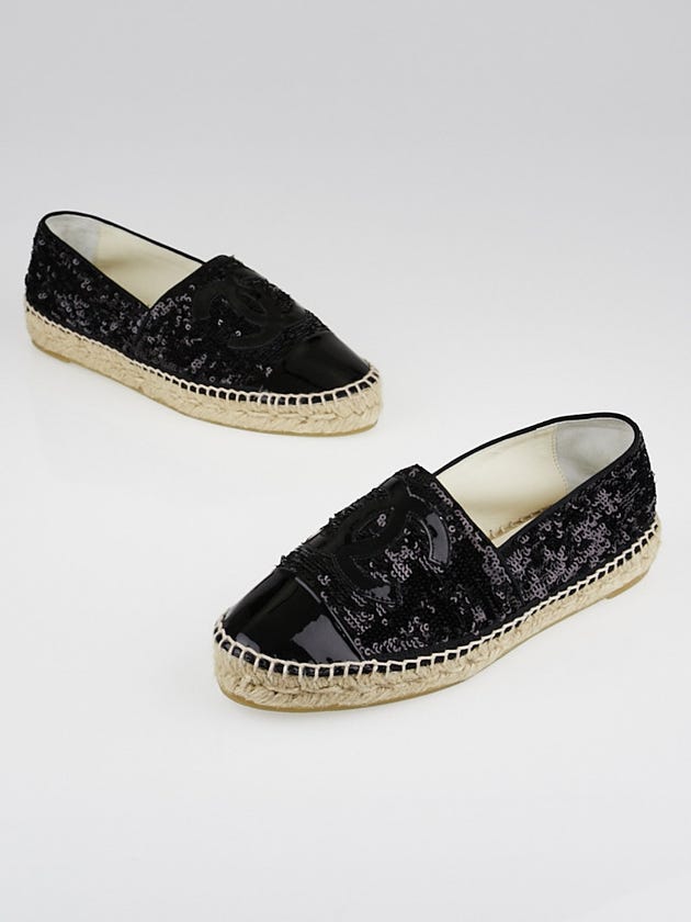 Chanel Black Sequin and Patent Leather Cap Toe CC Espadrille Flats Size 7.5/38