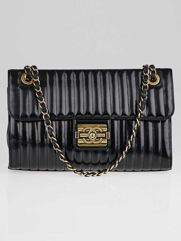 Chanel Black Vertical Quilted Patent Leather Medium Boy Flap Bag