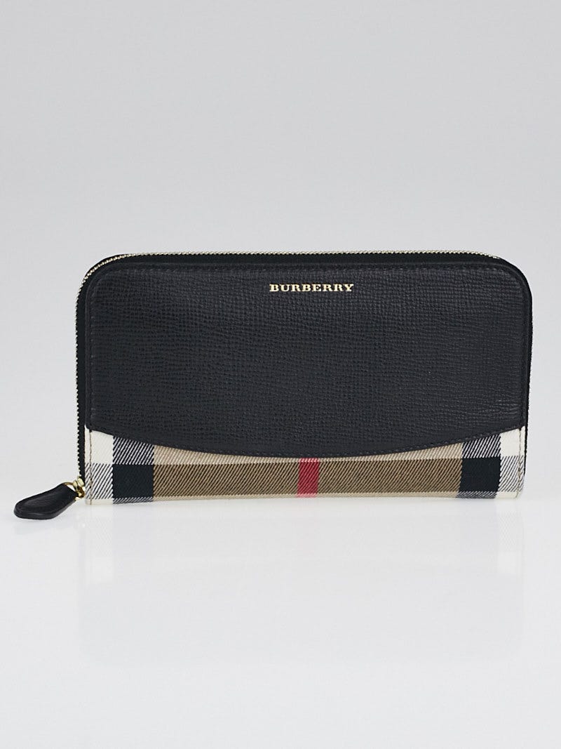 Burberry Black Leather and House Check Elmore Zip Around Wallet