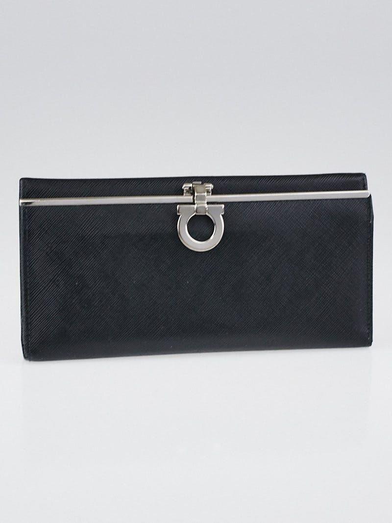 Salvatore Ferragamo Black Saffiano Leather Gancini Icona Wallet Yoogi s Closet