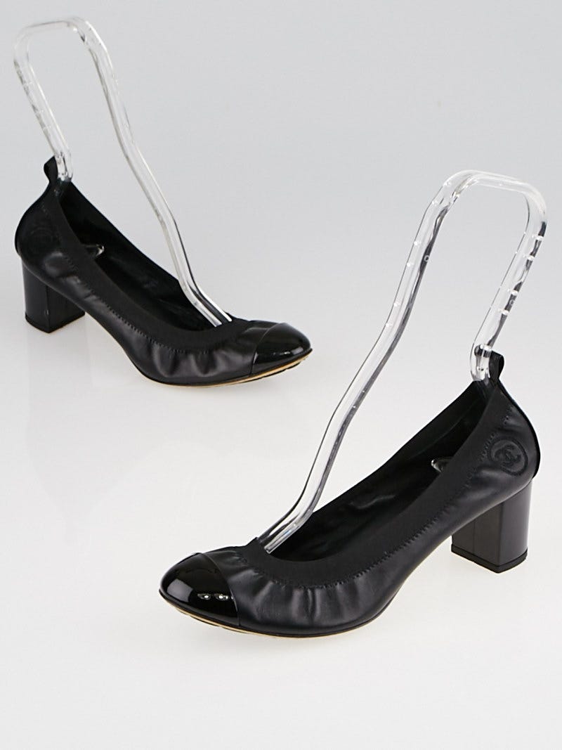 Chanel Black Leather Cap Toe Elastic Ballet Heels Size 8.5/39