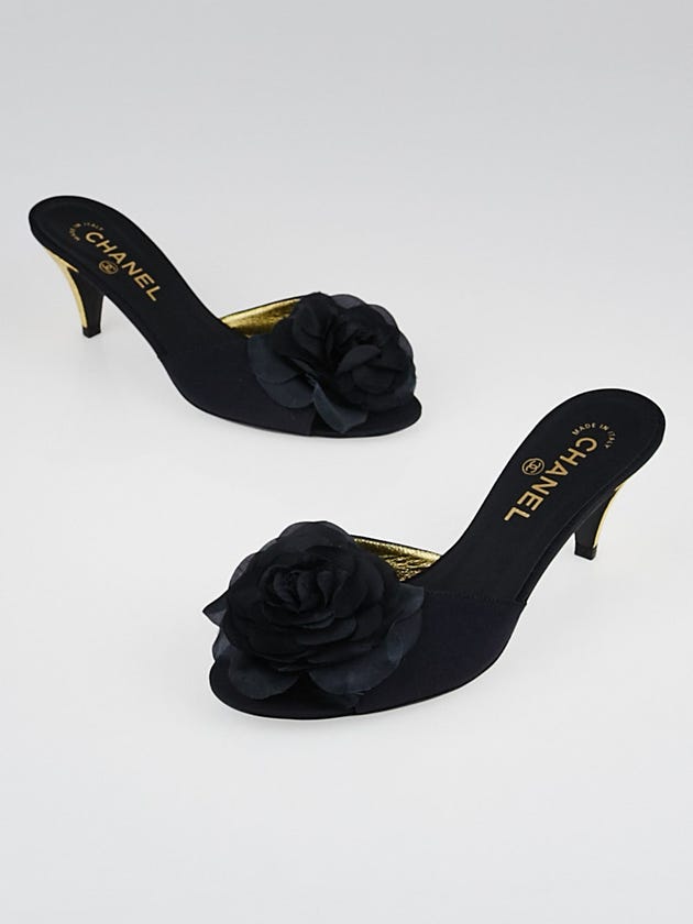 Chanel Navy Blue Organza Camellia Slide Mules Size 7/37.5