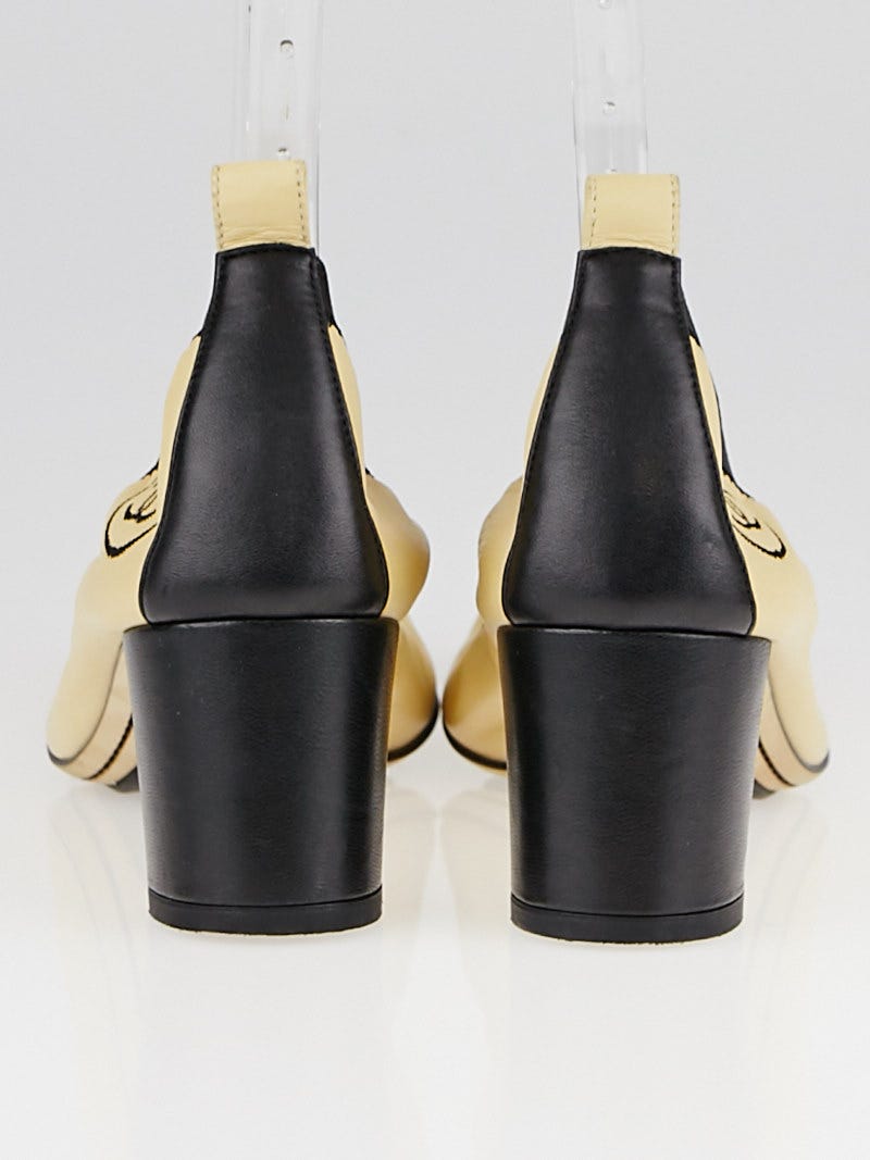 Chanel Beige/Black Leather Cap Toe Elastic Ballet Heels Size