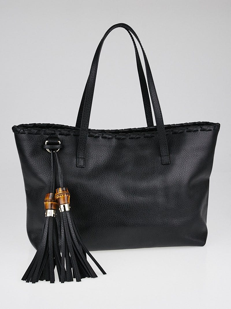 Gucci Black Pebbled Leather Bamboo Tassel Tote Bag Yoogi s Closet