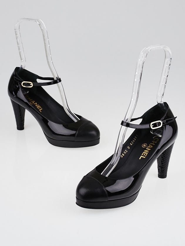 Chanel Black Patent Leather Cap-Toe Ankle-Strap Pumps Size 8.5/39