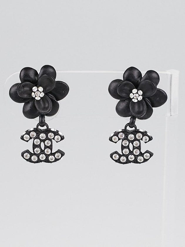 Chanel Black Resin Camellia and CC Crystal Logo Dangle Earrings