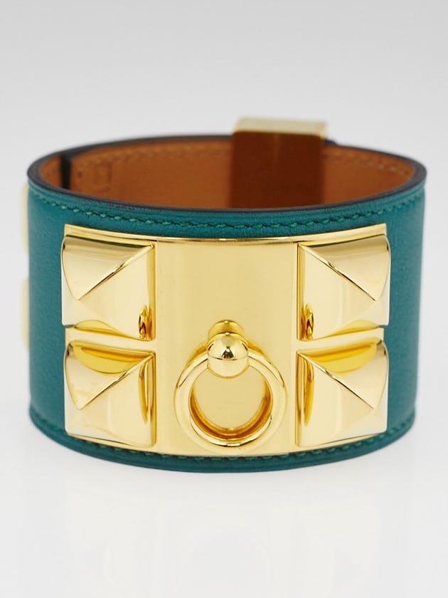 Hermes Malachite Swift Leather Gold Plated Collier de Chien Bracelet Size S