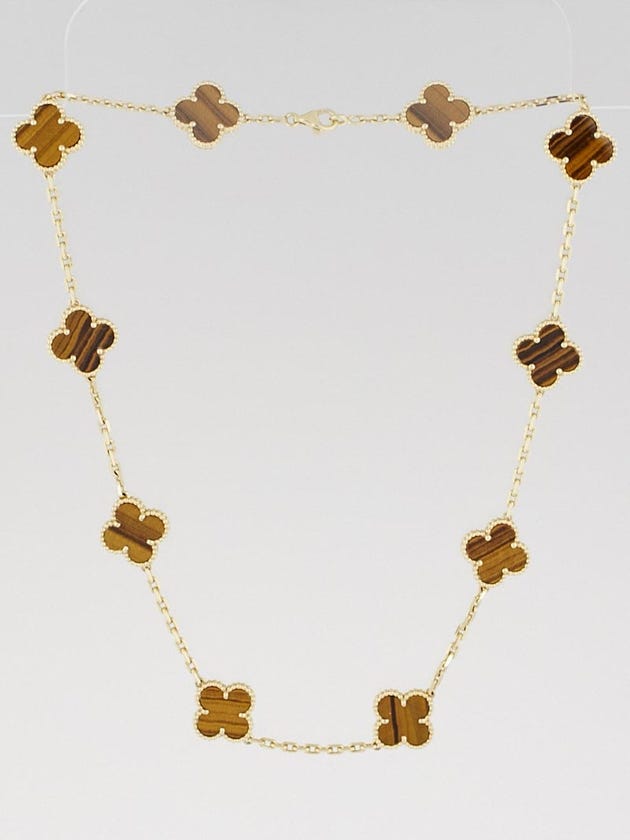 Van Cleef & Arpels 18k Yellow Gold and Tiger's Eye Vintage Alhambra 10 Motif Necklace