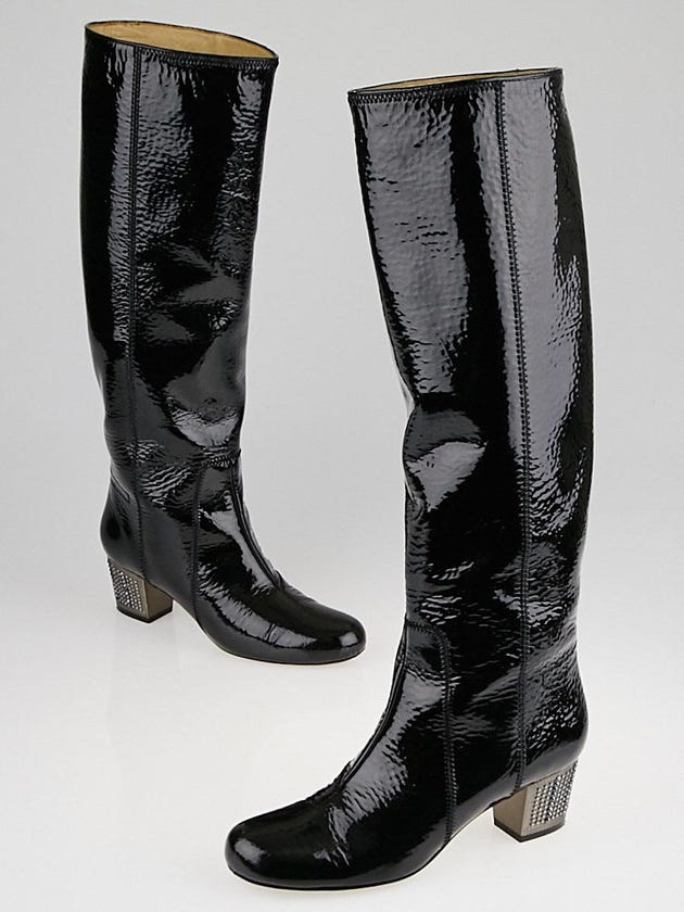 Lanvin Black Patent Leather Strass-Heel Chunky Boots Size 7.5/38