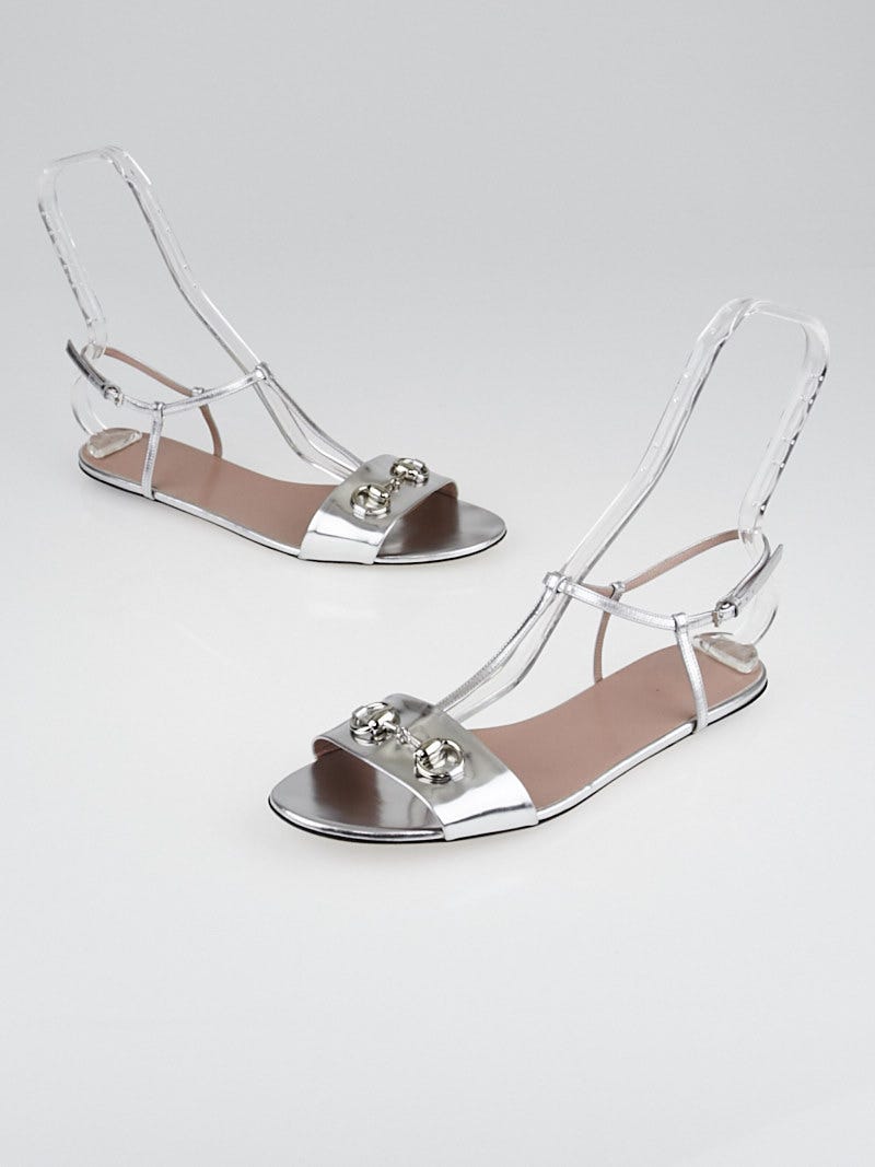 Gucci Silver Leather Horsebit Flat Sandals Size 10.5 41 Yoogi s Closet
