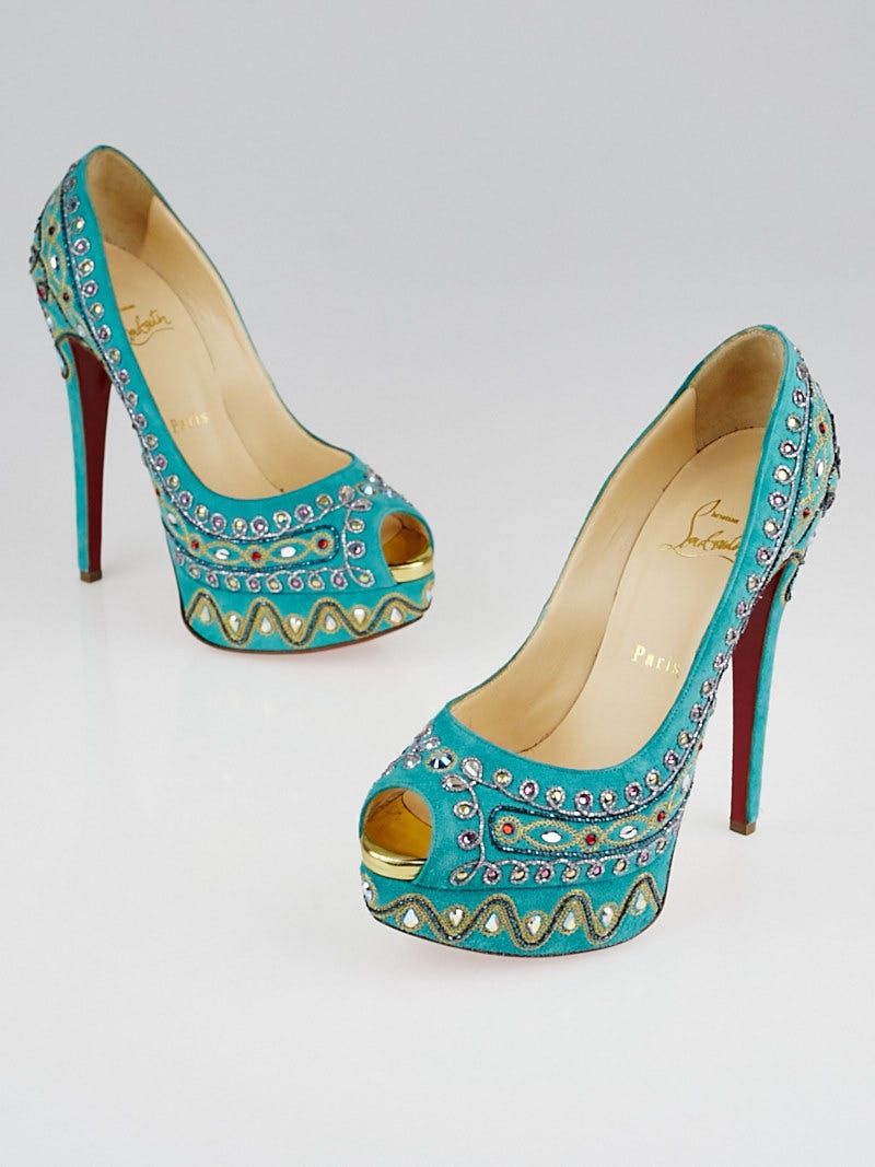 Christian Louboutin Turquoise Suede Bollywood Peep Toe Pumps Size