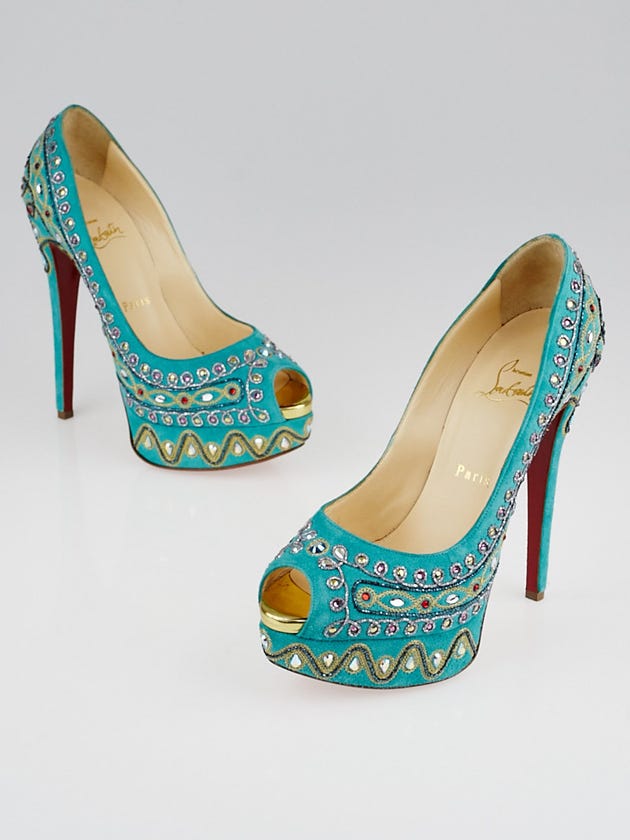 Christian Louboutin Turquoise Suede Bollywood Peep Toe Pumps Size 7.5/38