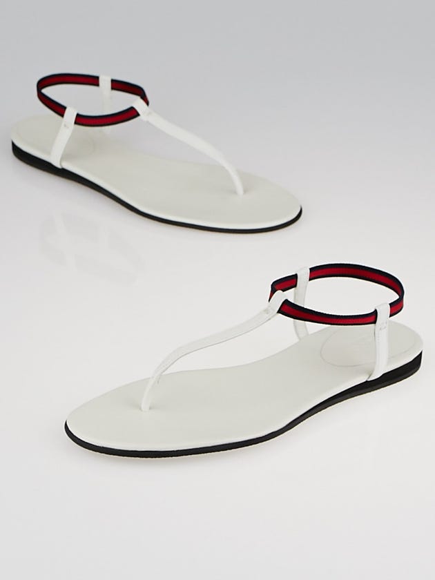 Gucci White Leather and Vintage Web Thong Sandals Size 8.5/39