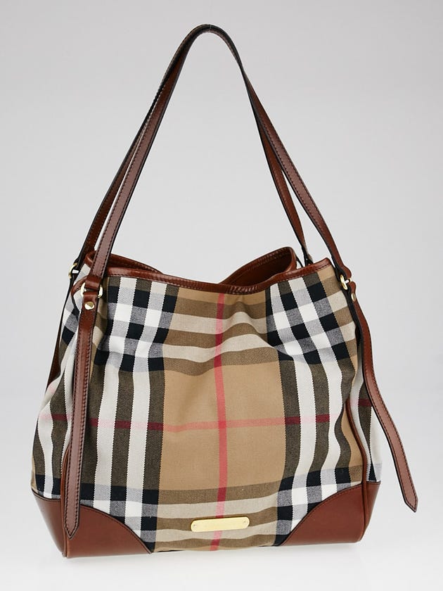 Burberry Brown Leather House Check Canvas Large Canterbury Bag