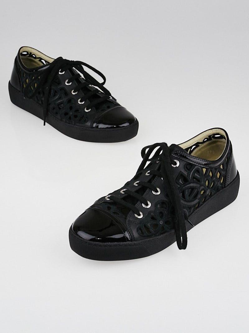 Chanel Black Laser-Cut Leather Camellia Cap-Toe Sneakers Size 9