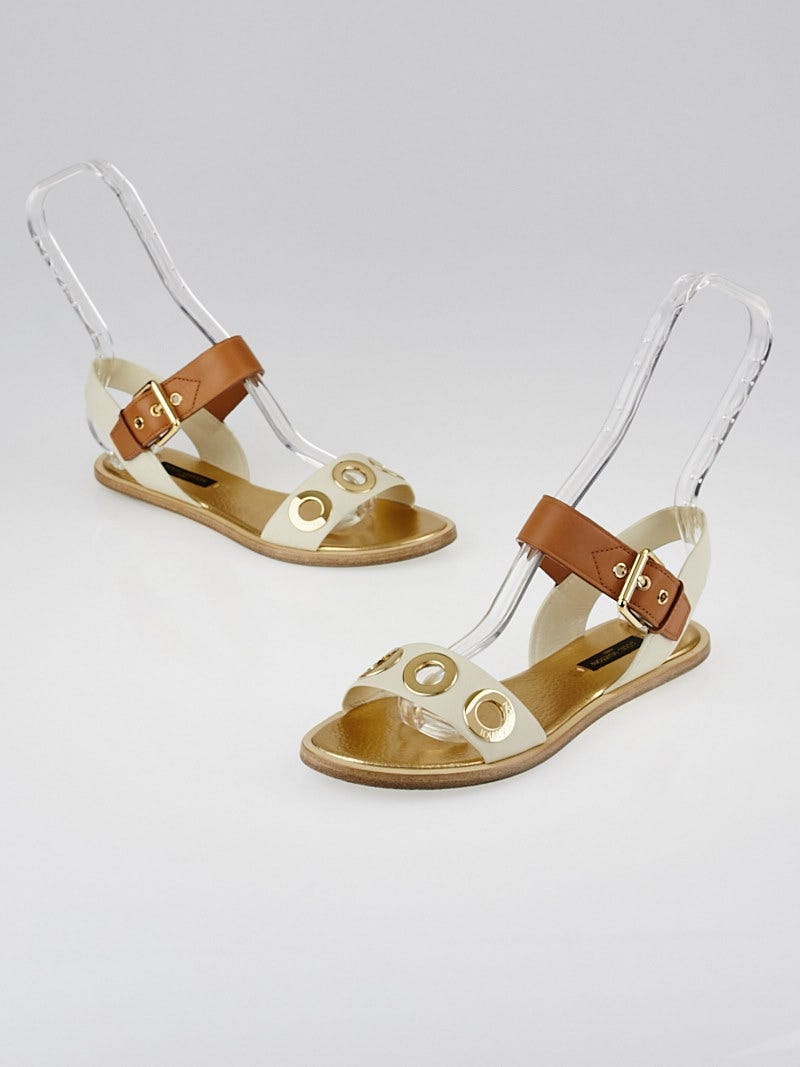 Louis Vuitton White and Brown Leather Lounger Flat Sandals Size
