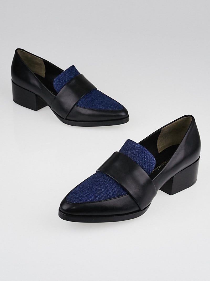 3.1 Phillip Lim Black Leather and Denim Quinn Loafers Size 6.5/37
