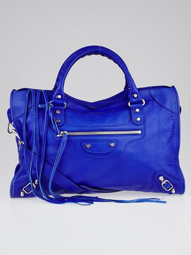 Balenciaga Limited Edition Neiman Marcus Anniversary Bleu Fluo Lizard Embossed Leather Motorcycle City Bag