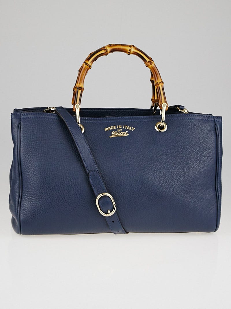 Gucci Navy Blue Pebbled Leather Bamboo Top Handle Medium Tote Bag