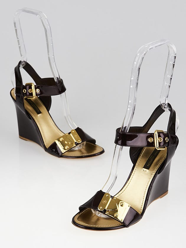 Louis Vuitton Amarante Patent Leather Sesame Wedge Sandals Size 6.5/37