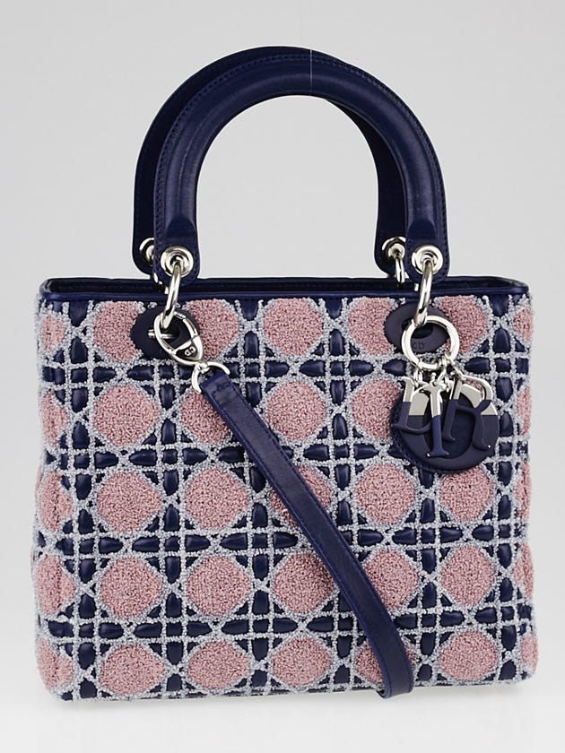 Christian Dior Sapphire Multicolor Woven Cannage Quilted Tweed/Leather Medium Lady Dior Tote Bag