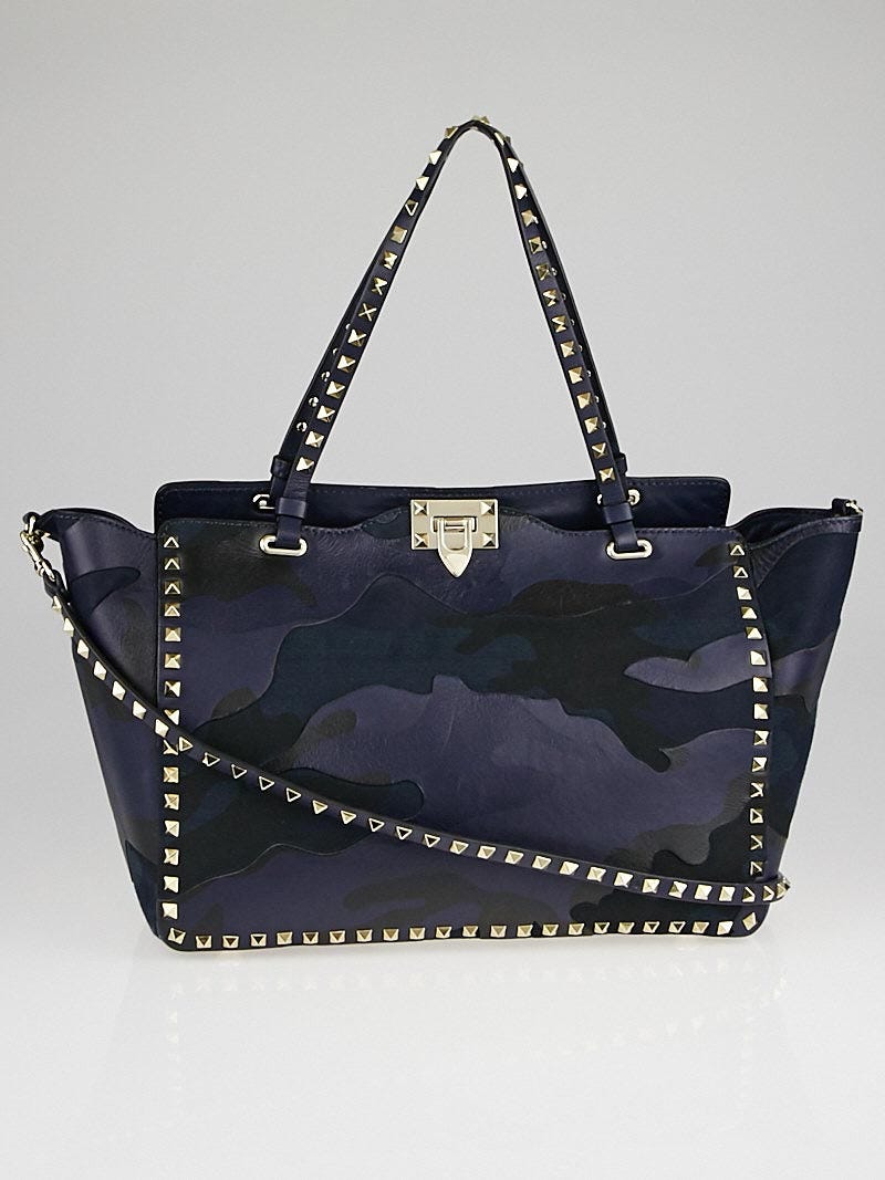 Valentino Navy Blue Camouflage Leather/Canvas Rockstud Medium Tote