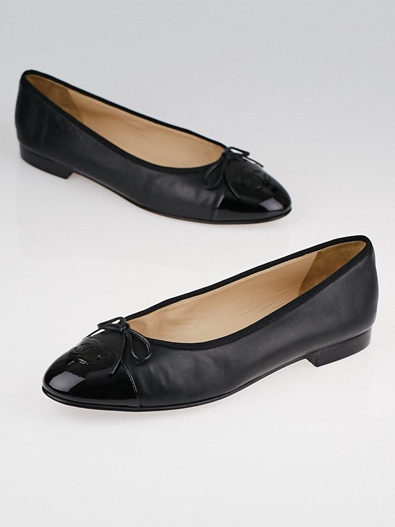 Chanel Black Leather Cap Toe CC Ballet Flats Size 11 41.5