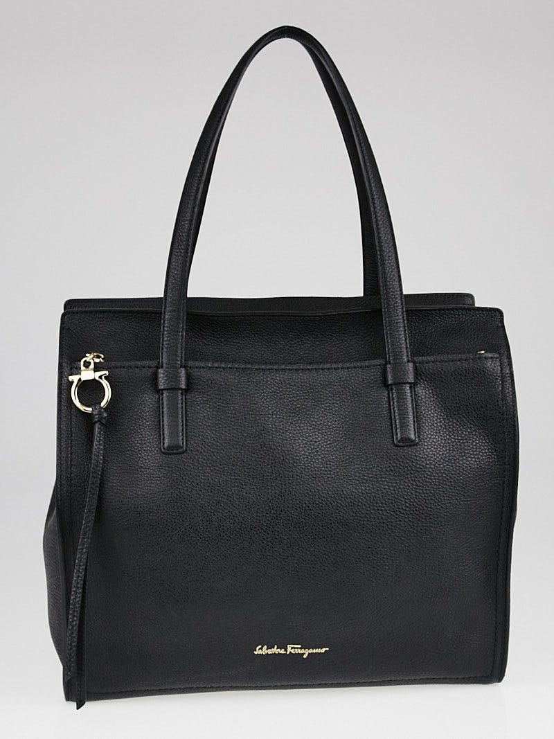 Salvatore Ferragamo Black Pebbled Leather Amy Medium Tote Bag
