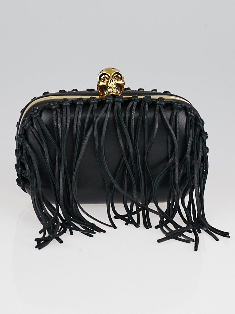 Alexander McQueen Black Leather Fringe Crystal Studded Skull
