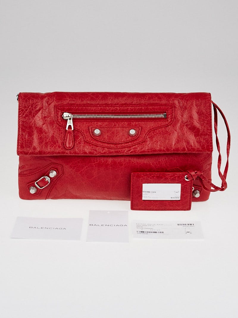 Balenciaga Rouge Cardinal Lambskin Leather Giant 12 Silver Envelope Clutch Bag Yoogi s Closet