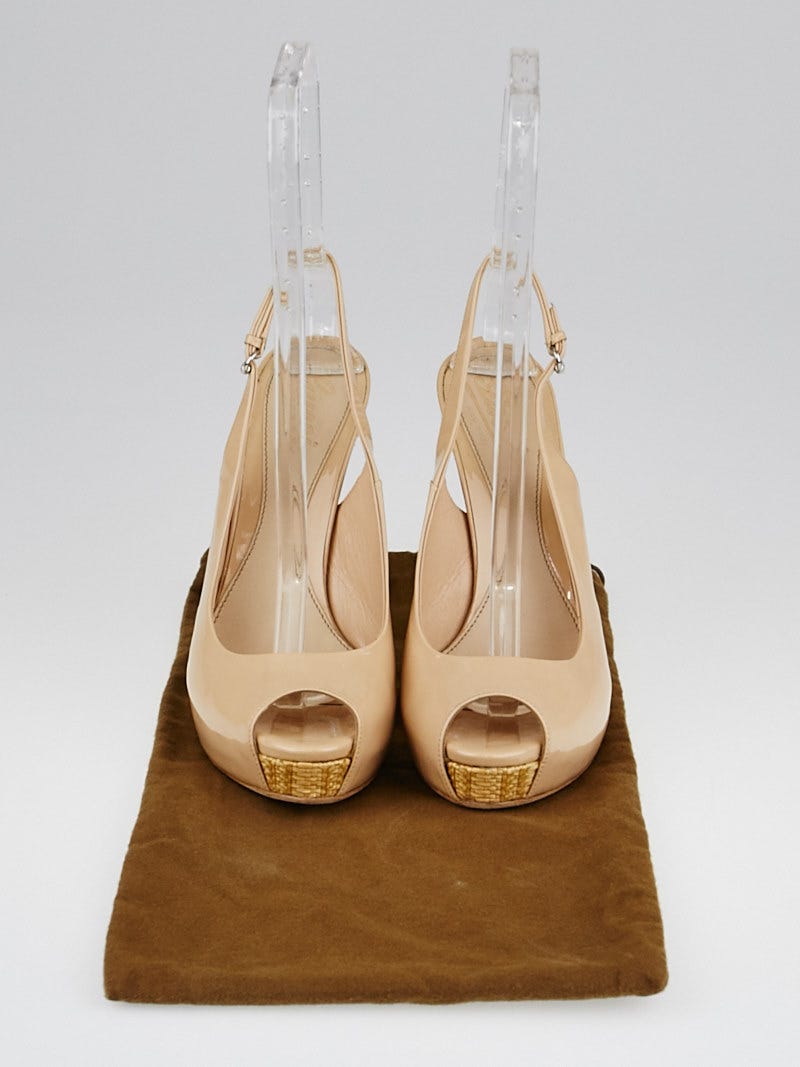 Gucci Nude Patent Leather Sofia Open Toe Slingback Straw Heels Size 9/39.5  | Yoogi's Closet