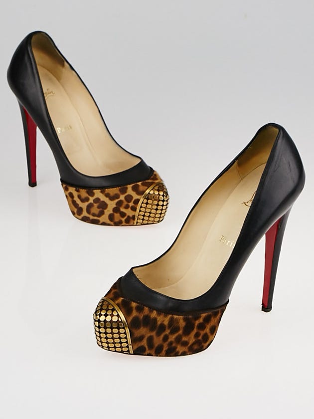 Christian Louboutin Black Leather and Leopard Pony Hair Steel-Toe Platform Maggie 140 Pumps Size 8/38.5
