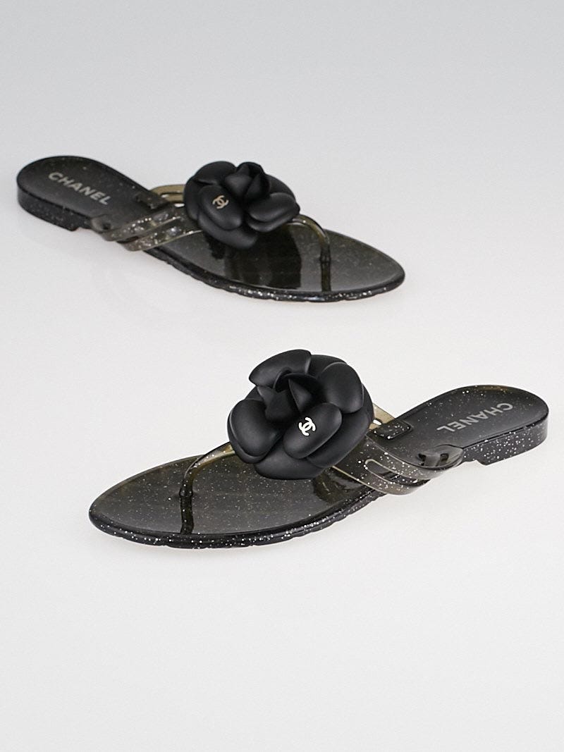 Chanel Black Rubber Camellia Flower Thong Sandals 7.5/38 - Yoogi's
