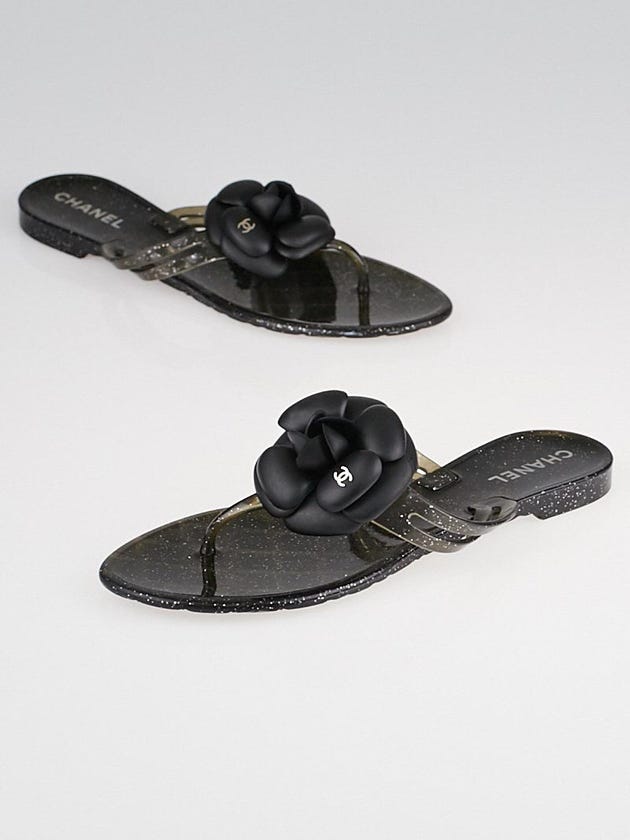 Chanel Black Rubber Camellia Flower Thong Sandals 7.5/38