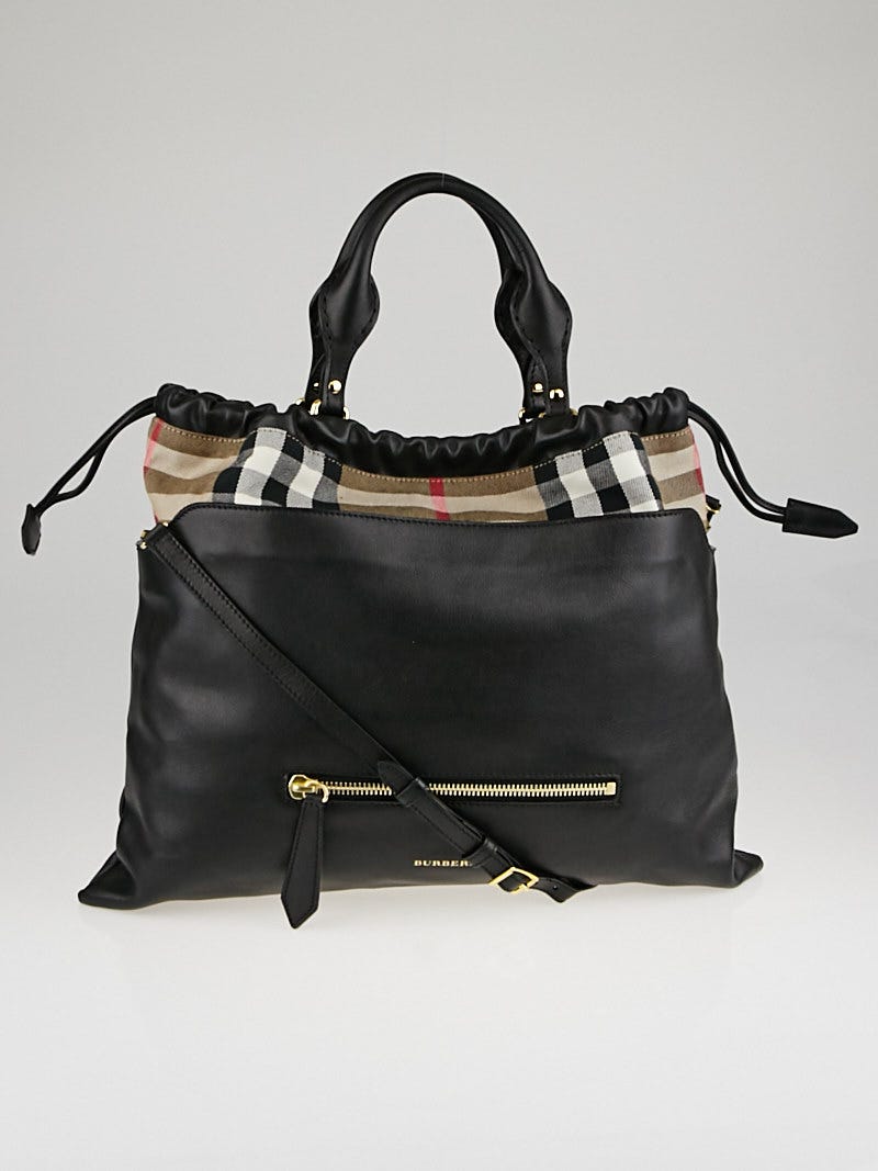 Burberry Black Leather and House Check Canvas Big Crush Tote Bag