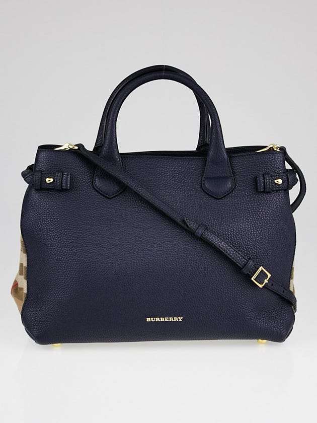 Burberry Navy Blue Pebble Leather House Check Medium Banner Tote Bag