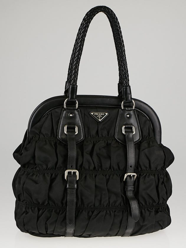 Prada Black Tessuto Gaufre Nylon and Leather Frame Top Shopping Tote Bag